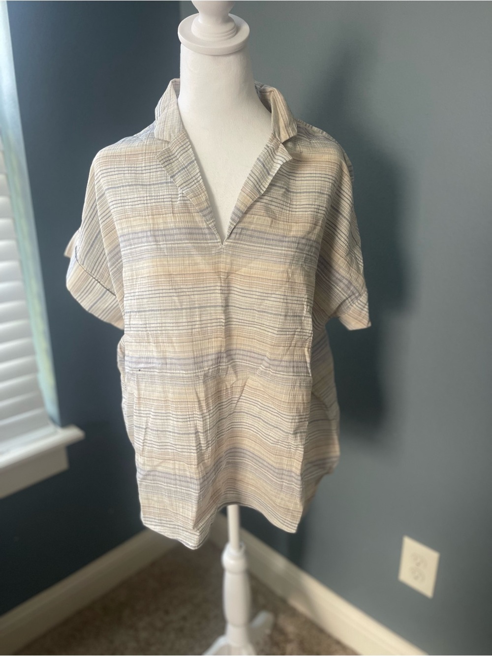 Madewell Beige and Gray Striped Short-Sleeve Button-Down